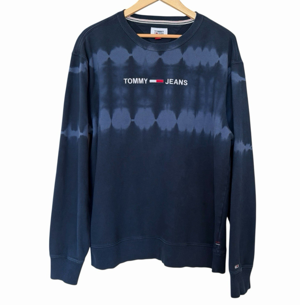 Tommy Jeans Sweatshirt Mens Large Blue Tie Dye Crewneck Pullover Streetwear Logo